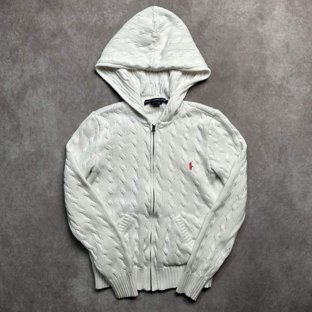 Ralph Lauren Sport Full Zip Cable Knit Hooded Cardigan Sweater Girls M White